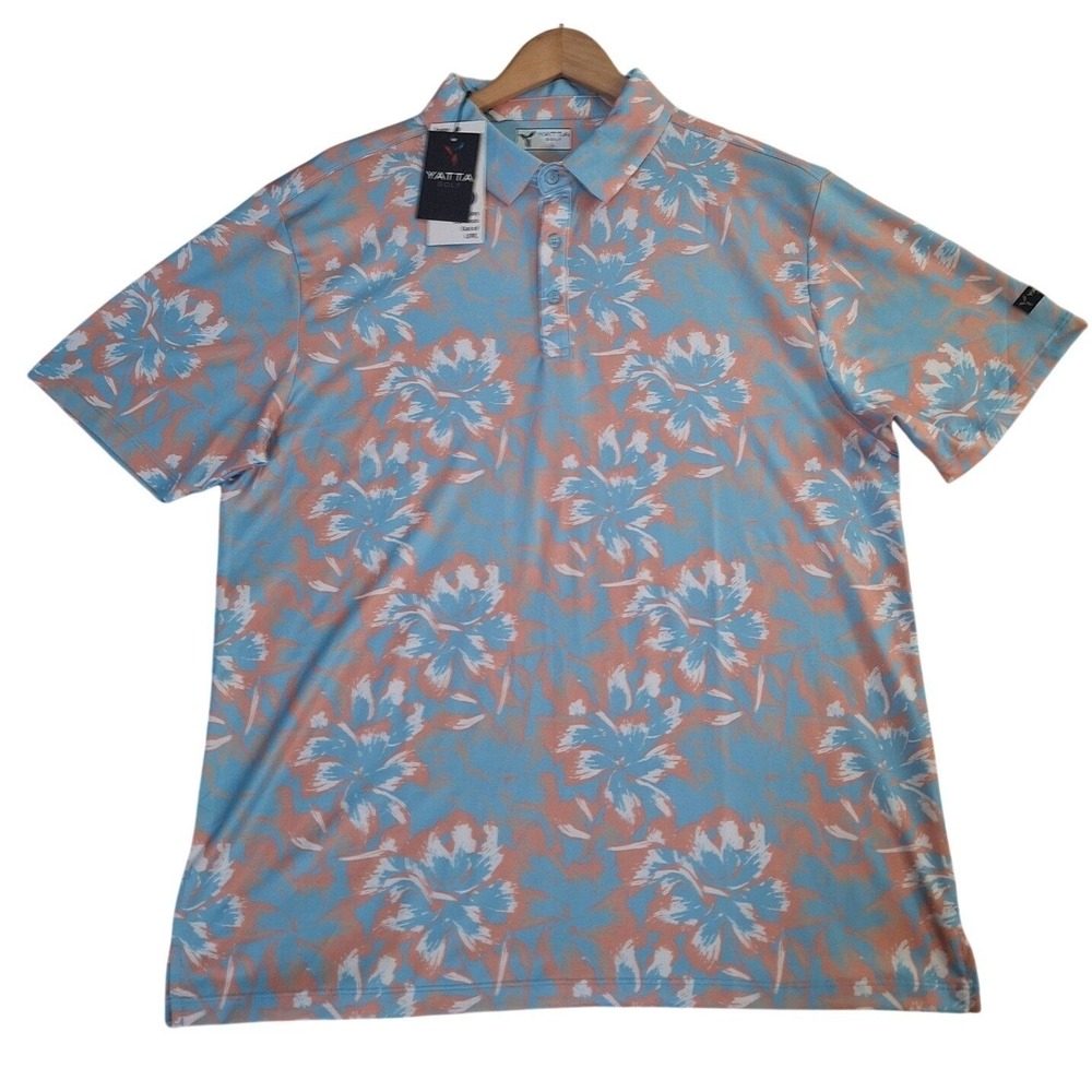 Yatta Golf‎ Mens Blue Peach Tropical Floral Performance Polo Shirt Large NWT